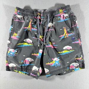 Party Pants Mens Small Gray Neon Dinosaur Tropical Print Swim Trunks Shorts